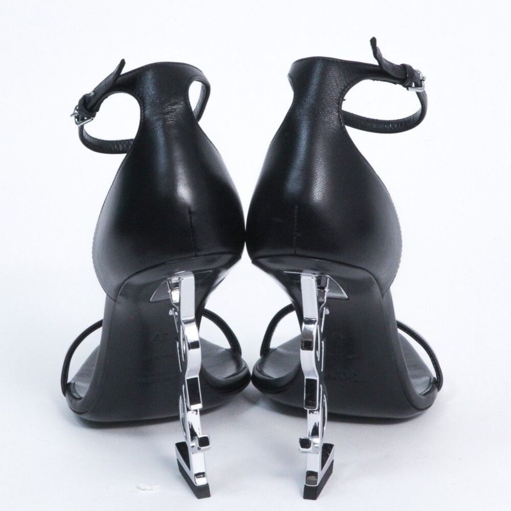Saint Laurent Opyum Sandals Black Leather Silver YSL Logo Heel Shoes 39 Italy - Picture 6 of 15
